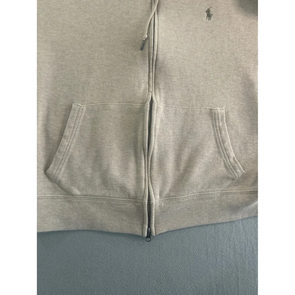 Polo Ralph Lauren Full Zip Hoodie Mens Large Beige Tan Ribbed Cotton Pony Logo